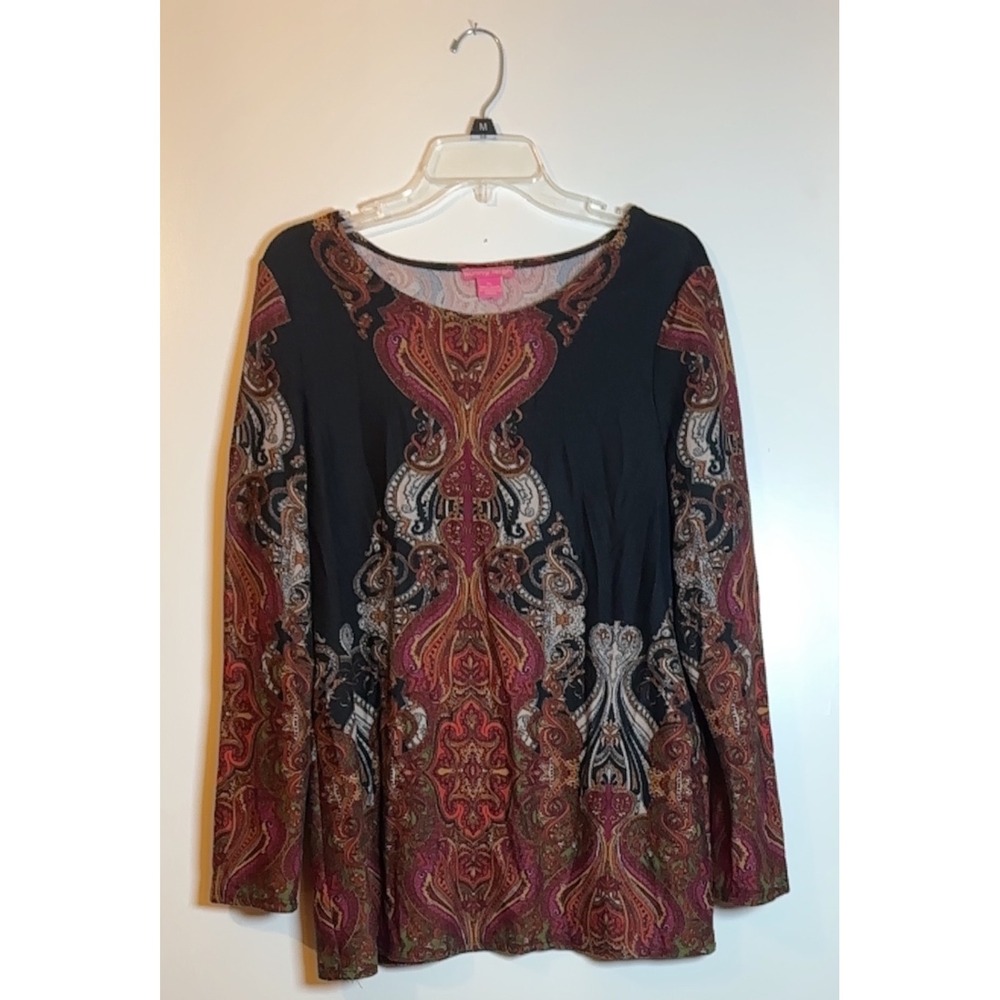 Sunny Leigh XL Long Sleeve Tunic Top Black Paisley‎ Print USA Made Womens